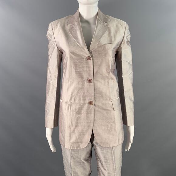 4 Silver Silk Shantung Single Breasted Three Button Pleated Pantsuit - Picture 1 of 12
